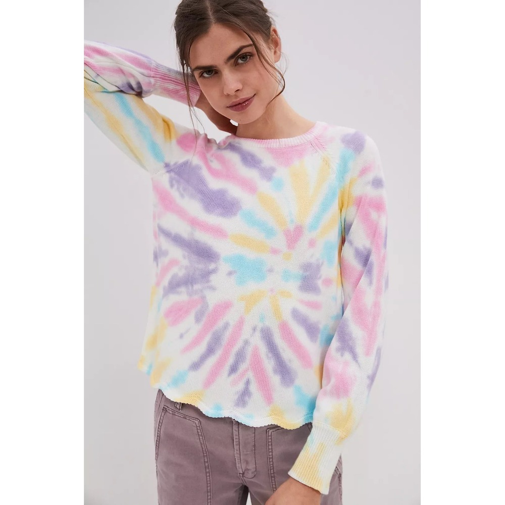 By Anthropologie Claudia Sz Small Tie Dye Scalloped Hem Sweater Pink Yellow Blue